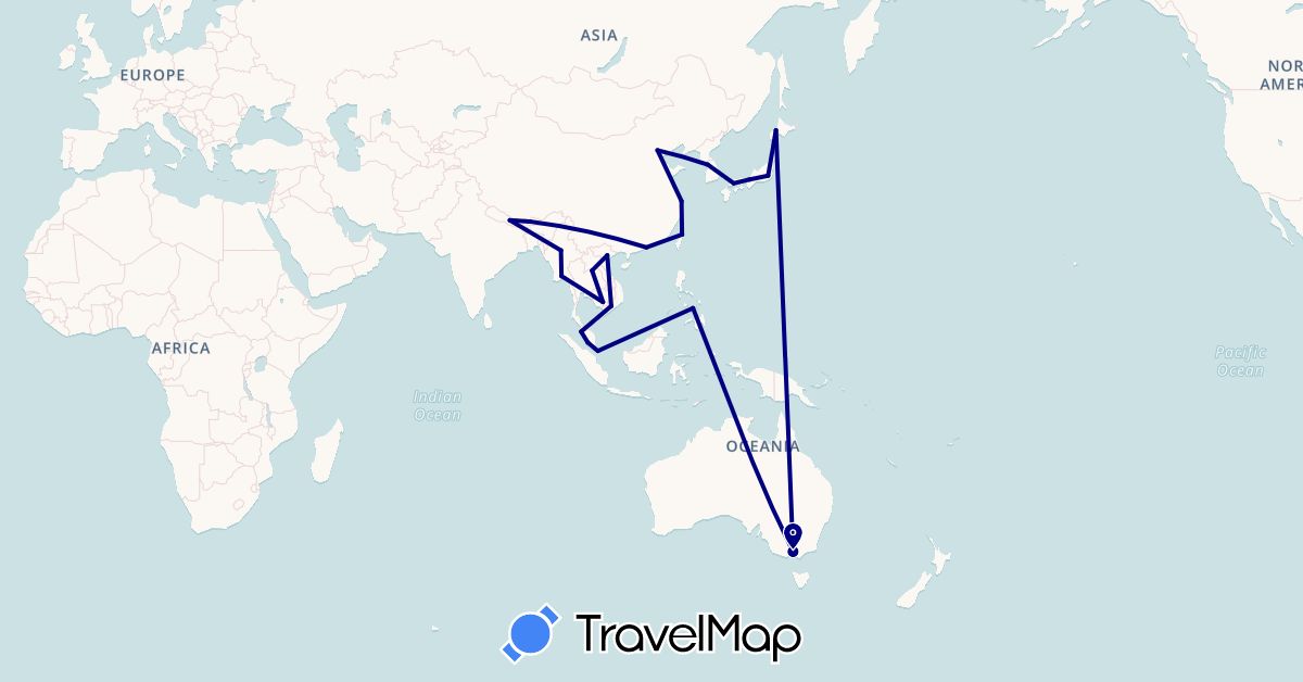 TravelMap itinerary: driving in Australia, Bhutan, China, Japan, Cambodia, South Korea, Laos, Myanmar (Burma), Malaysia, Nepal, Philippines, Singapore, Taiwan, Vietnam (Asia, Oceania)